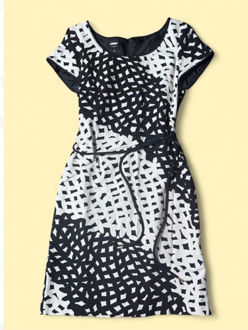 Talbots Black & White Geometric Sheath Dress with Tie-Belt